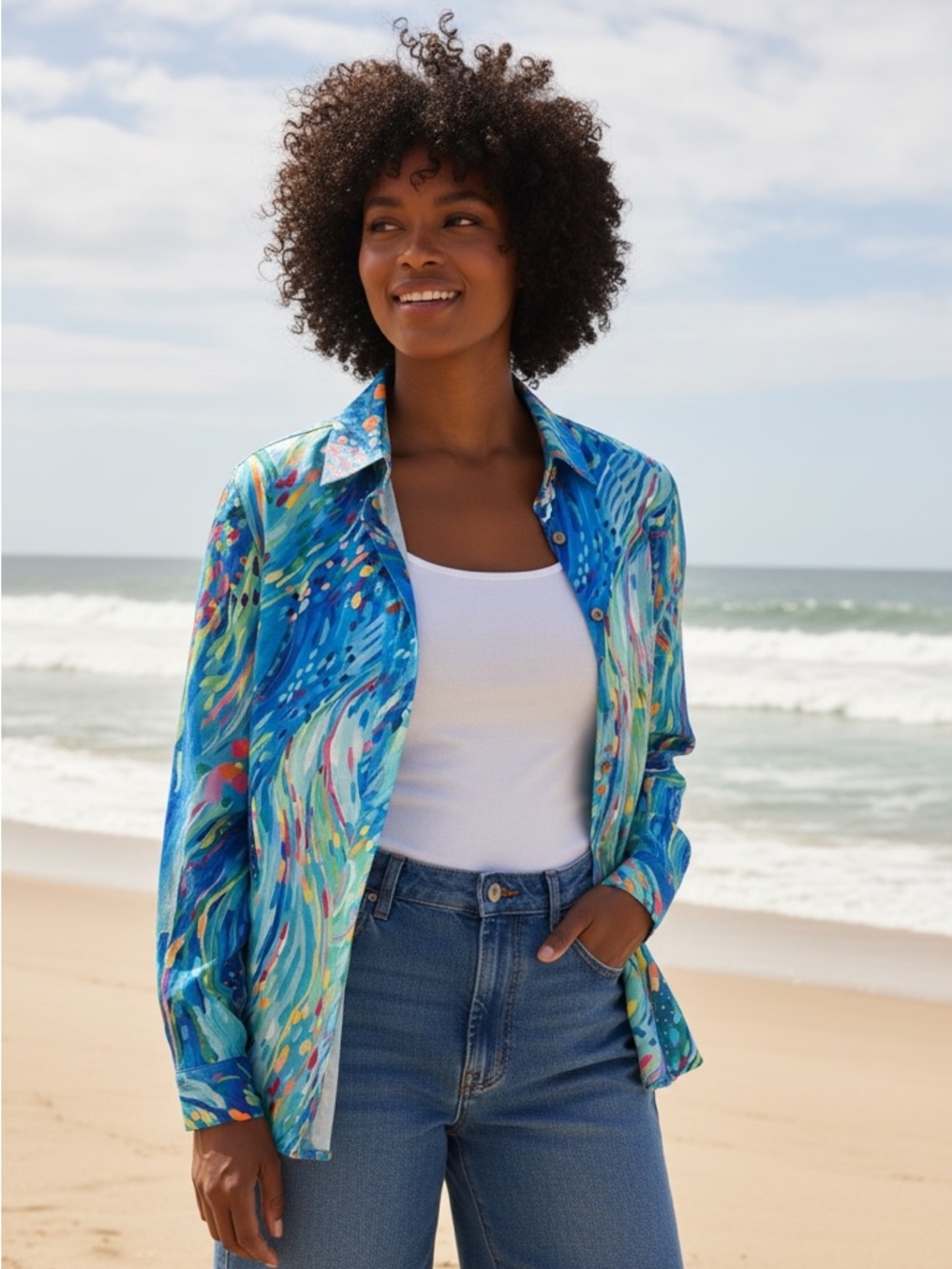 Vibrant Blue Multi-Color Patterned Button-Up Shirt (005)